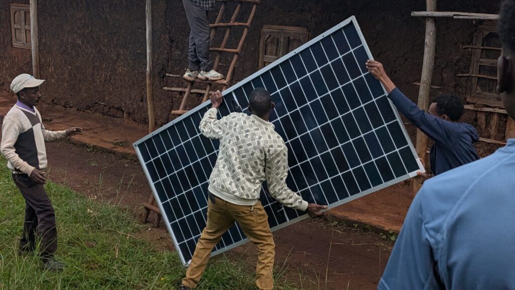 Solar panel installation in rural Ethiopia for sustainable energy.